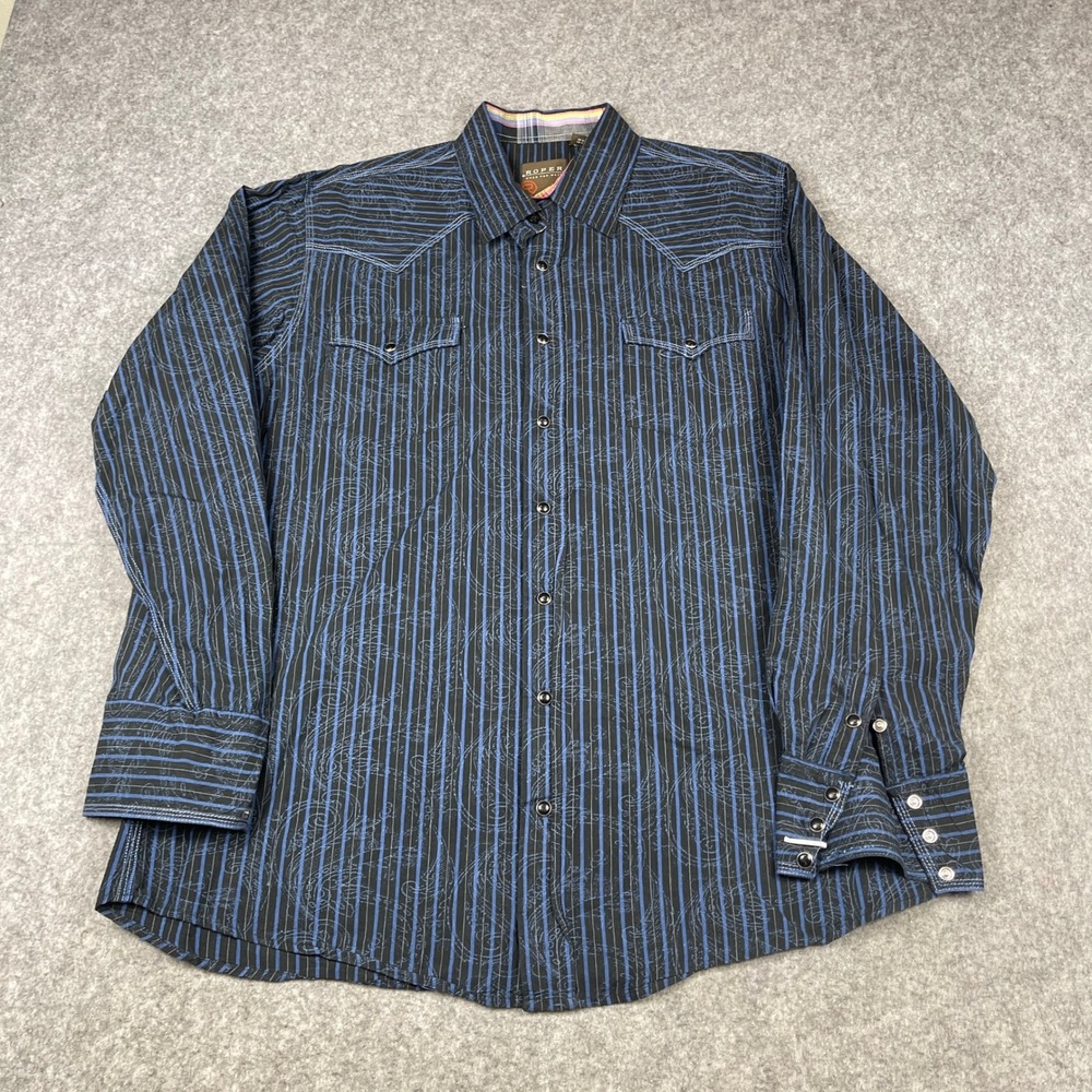 Roper Western Snap Shirt Mens XL Black Blue Striped Paisley Long Sleeve
